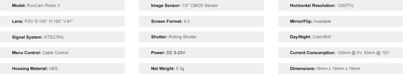 Runcam Robin 3 FPV camera specifications