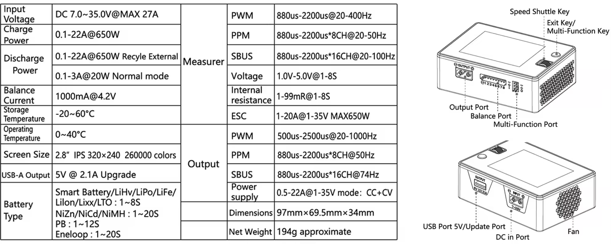 specs of hota t8 650w 22a smart charger pc
