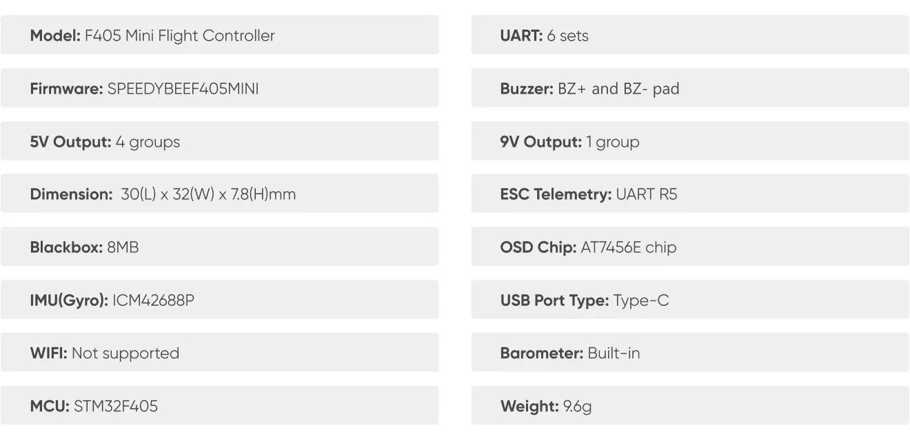 SpeedyBee F405 Mini 35A stack specifications of FC