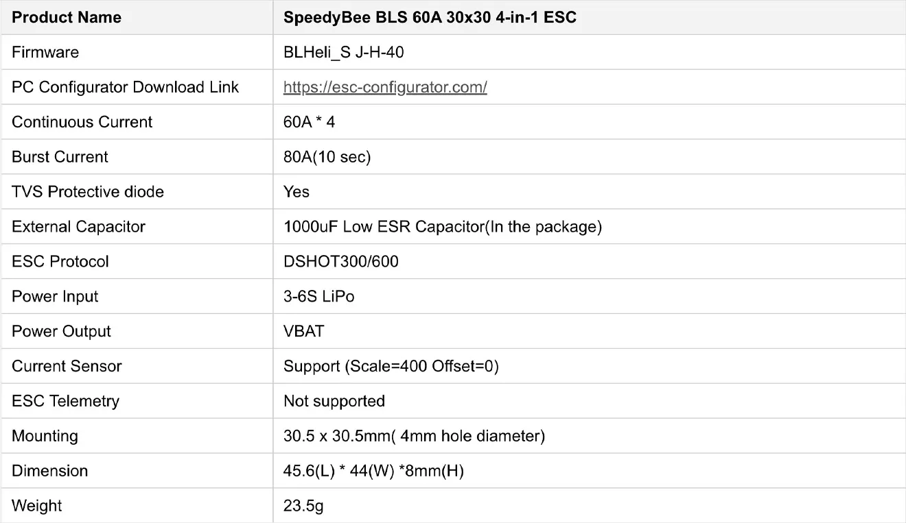 speedybee f405 v4 bls 60a stack spec bls 60a esc