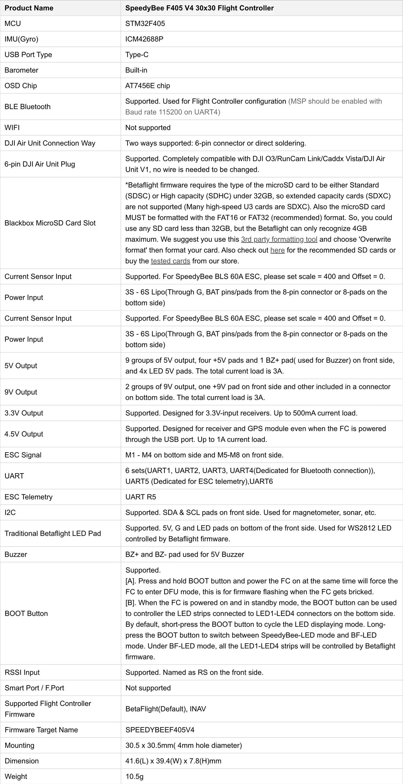 speedybee f405 v4 bls 60a stack spec f405 v4 fc