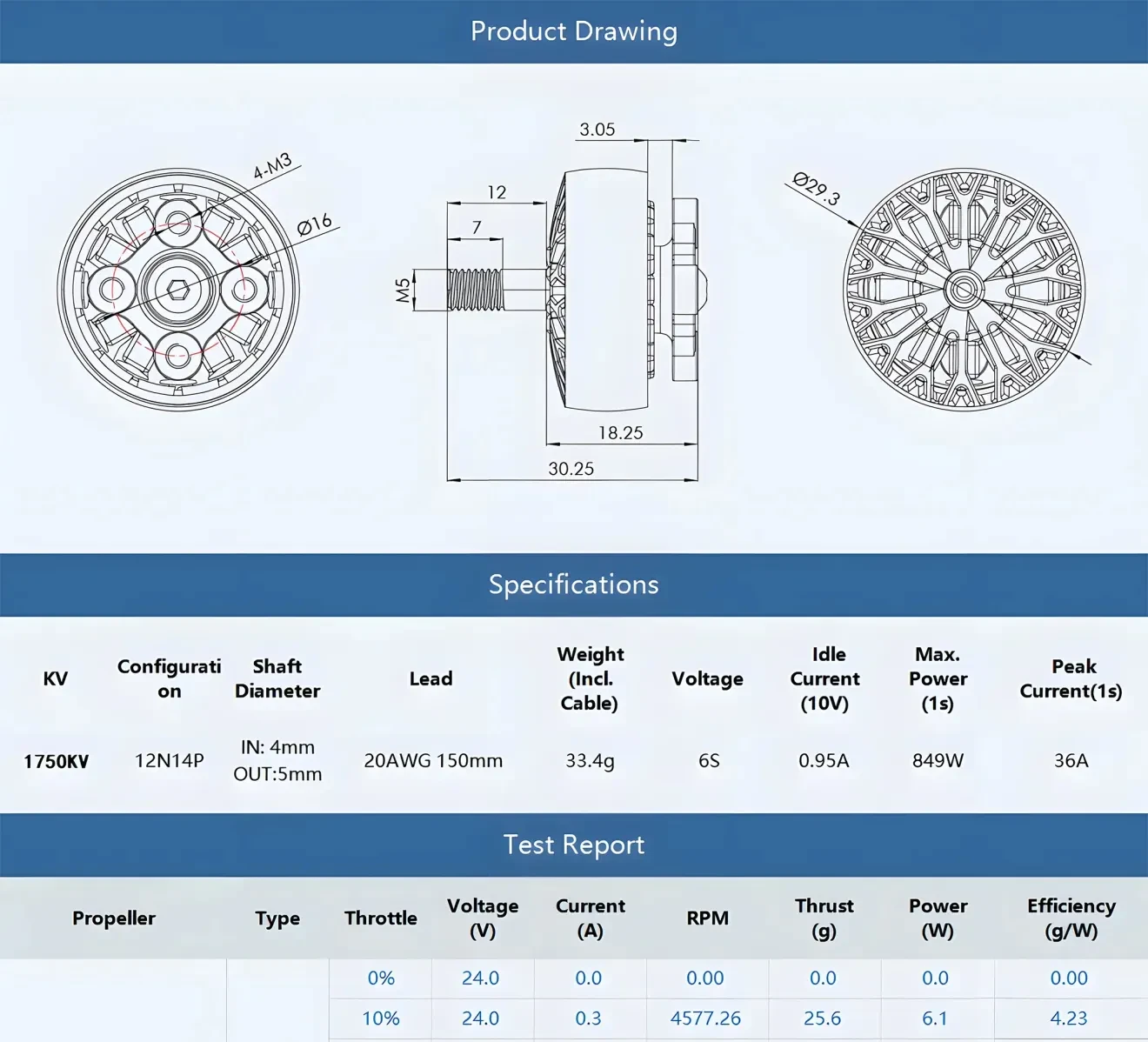 T-Hobby its 2306.5 freestyle motor drawing and specification