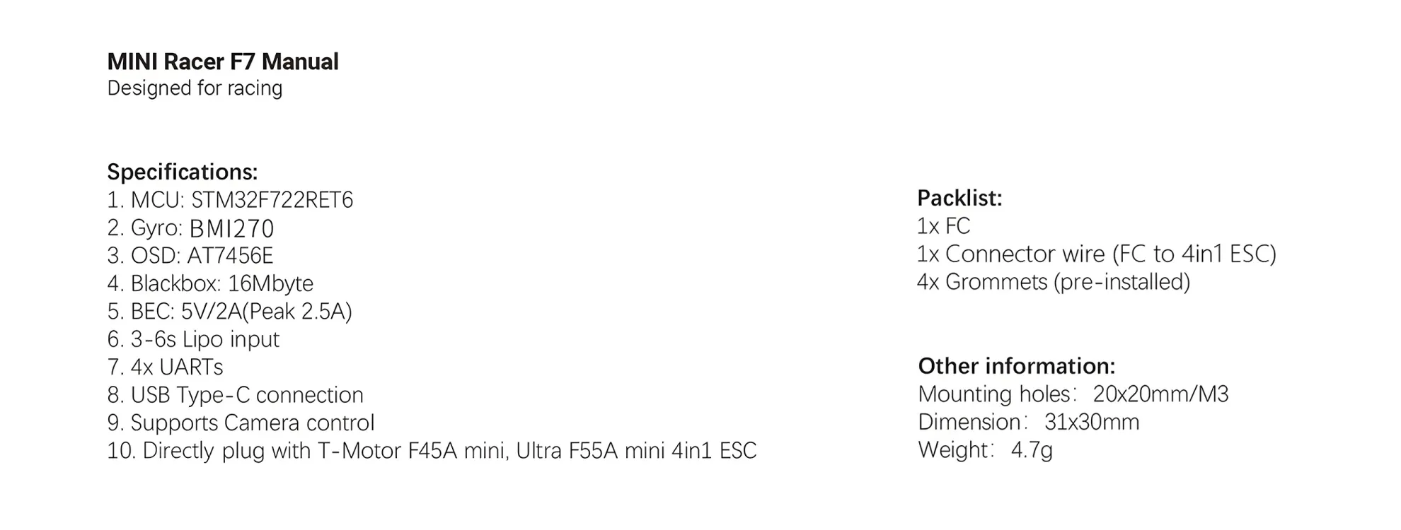 t hobby mini racer f7 fc 20x20 flight controller parameter pc