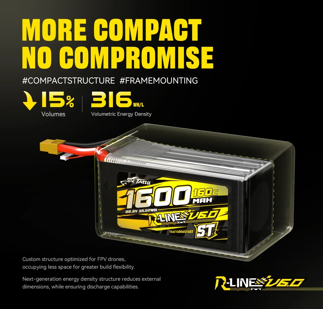 tattu r line version 6.0 1600mah 160c 6s 22.2v sq lipo battery pack with xt60 less weight more compact