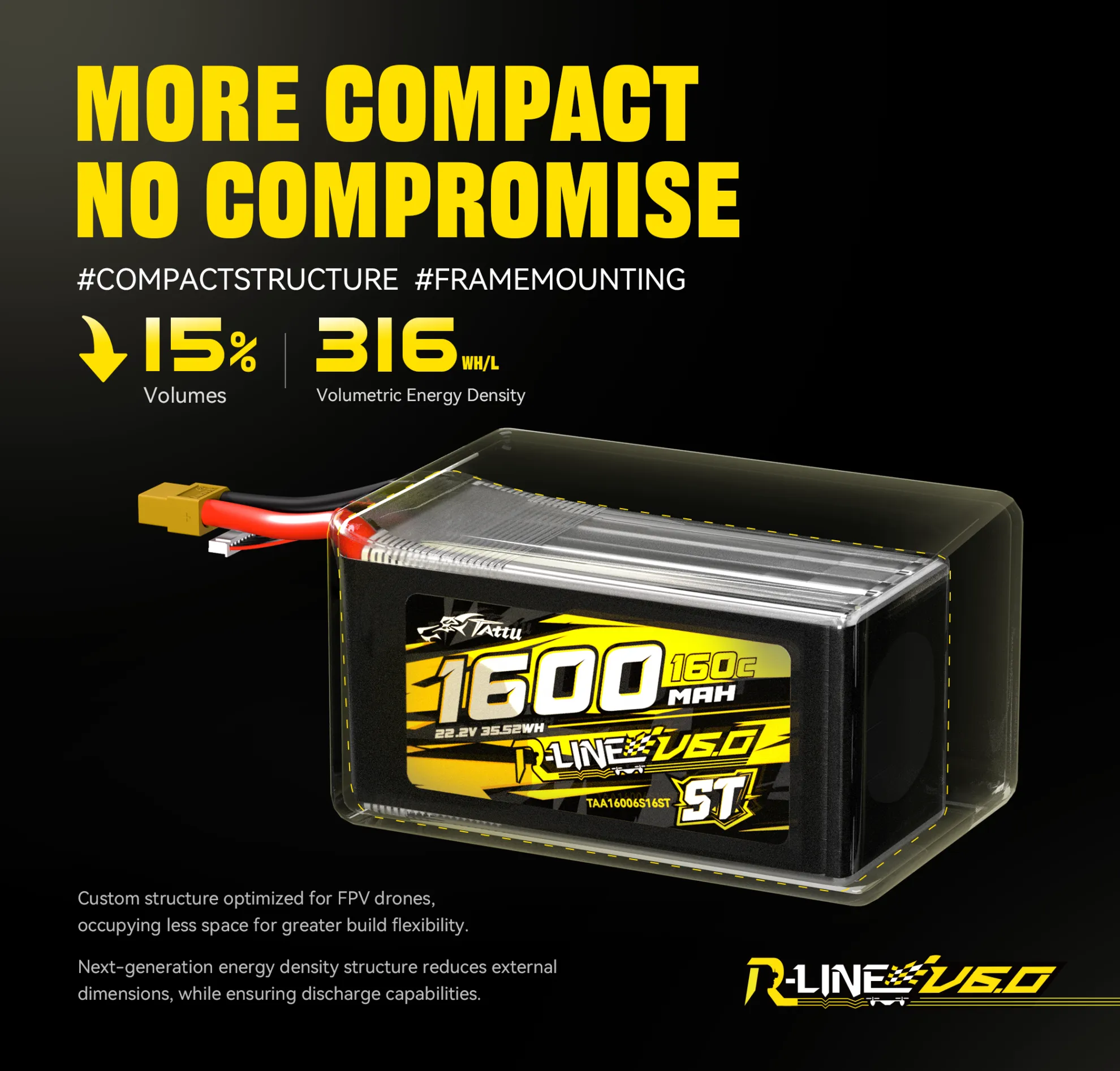 tattu r line version 6.0 1600mah 160c 6s 22.2v sq lipo battery pack with xt60 less weight more compact