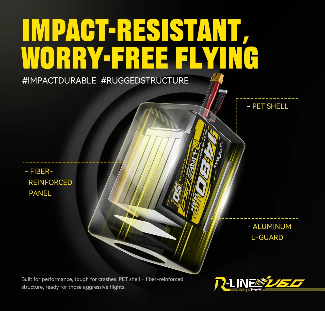 tattu r line version 6.0 1600mah 160c 6s 22.2v sq lipo battery pack with xt60 plug impact resistant