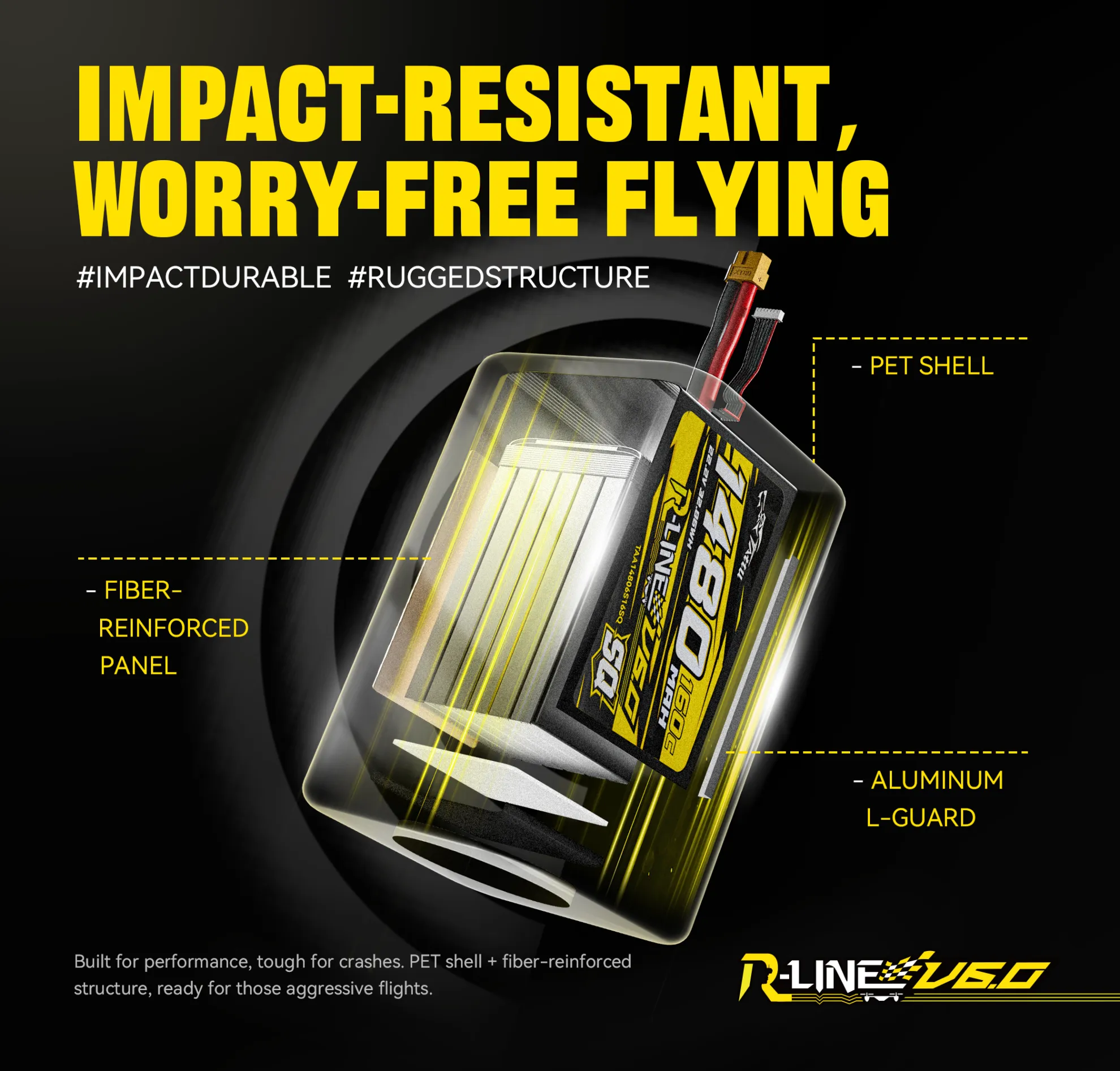 tattu r line version 6.0 1600mah 160c 6s 22.2v sq lipo battery pack with xt60 plug impact resistant