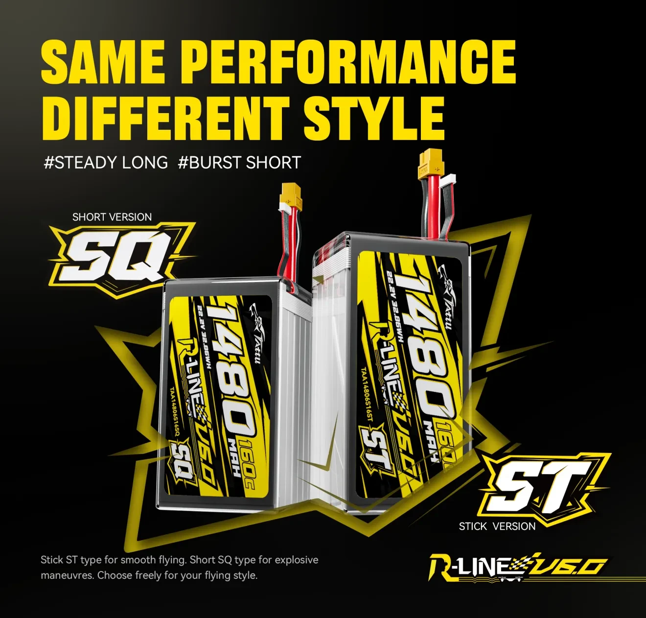 tattu r line version 6.0 1600mah 160c 6s 22.2v sq lipo battery pack with xt60 two style