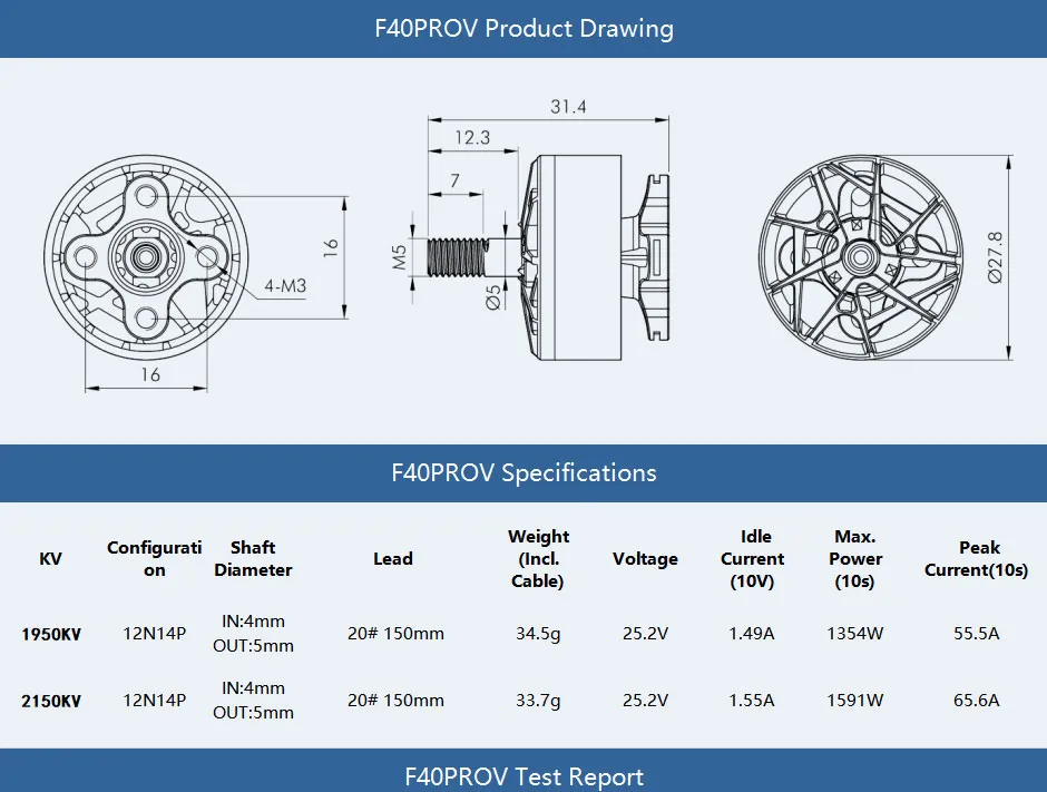 Tmotor F40 PROV 2306.5 FPV motor low temperature flight chart size