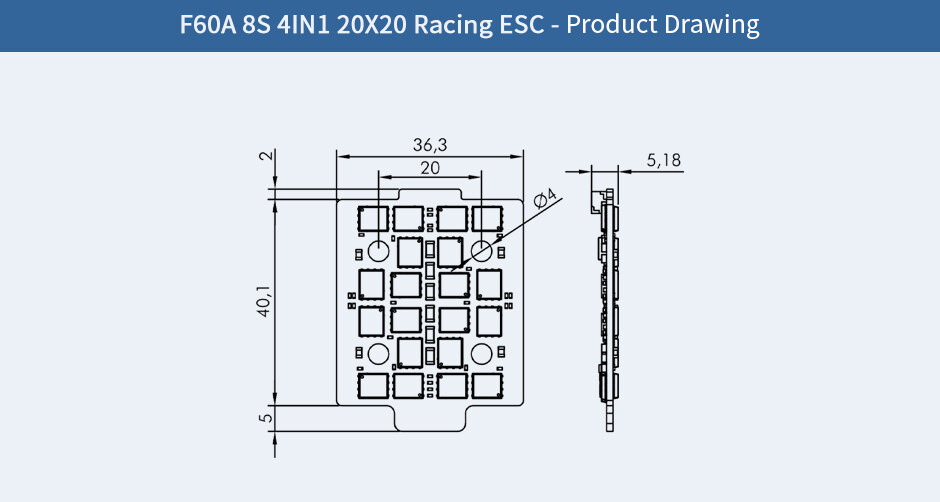 Product drawing for T-Motor f60a 8s 4in1 esc