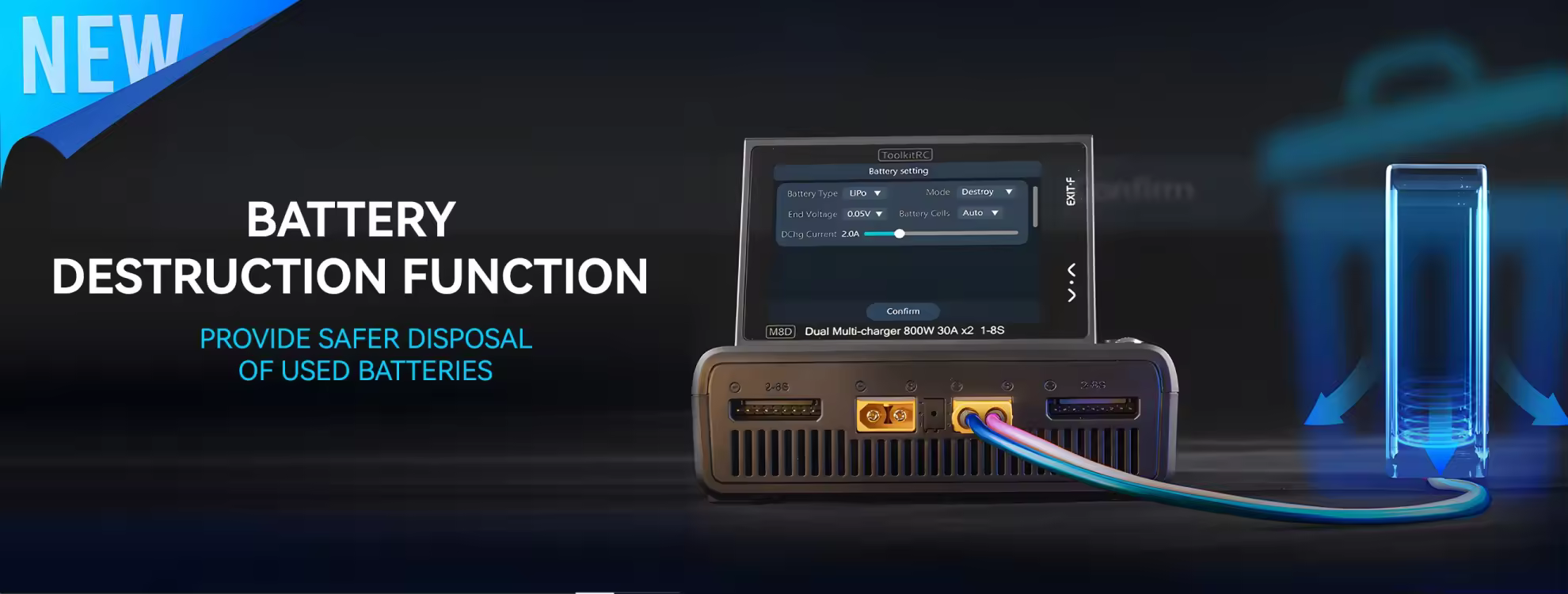 toolkitrc m8d dual channel smart charger battery destruction function pc